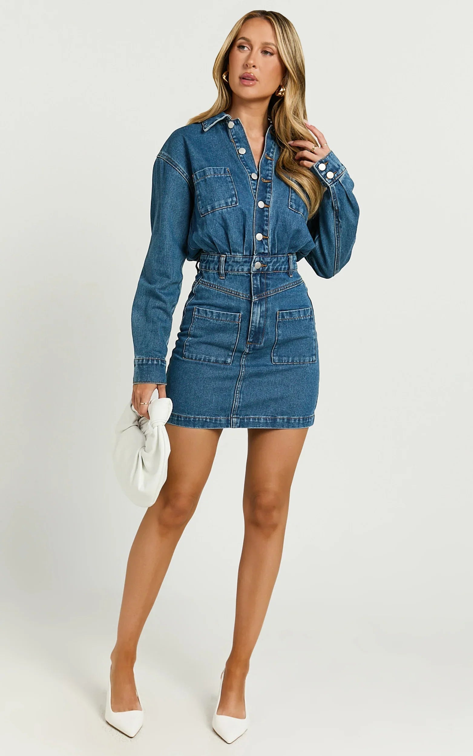 Kamala Mini Dress Long Sleeve Button Through Denim Dress in Dark Blue Wash
