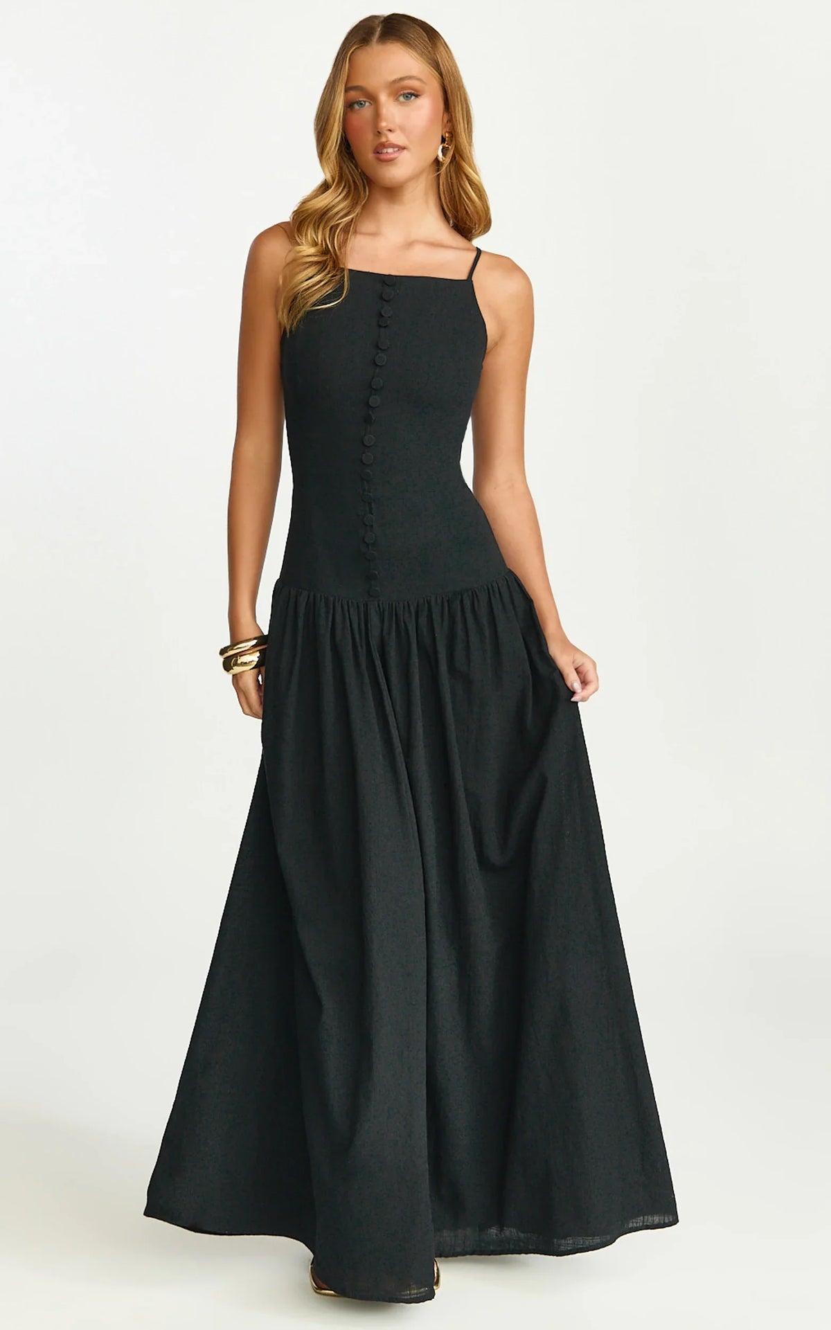 Cortez Maxi Dress Square Neck Button Down Dropped Waist Dress in Black