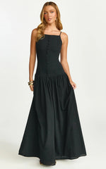 Cortez Maxi Dress Square Neck Button Down Dropped Waist Dress in Black