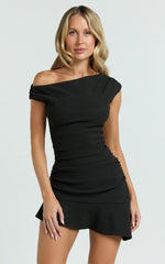 Goldie Mini Dress Tipped Off Shoulder Cap Sleeve Ruched Fitted Ruffle Hem Skirt Dress in Black