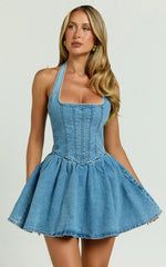 Hayes Mini Dress Halter Neck Corset Bodice Dress in Mid Blue Wash