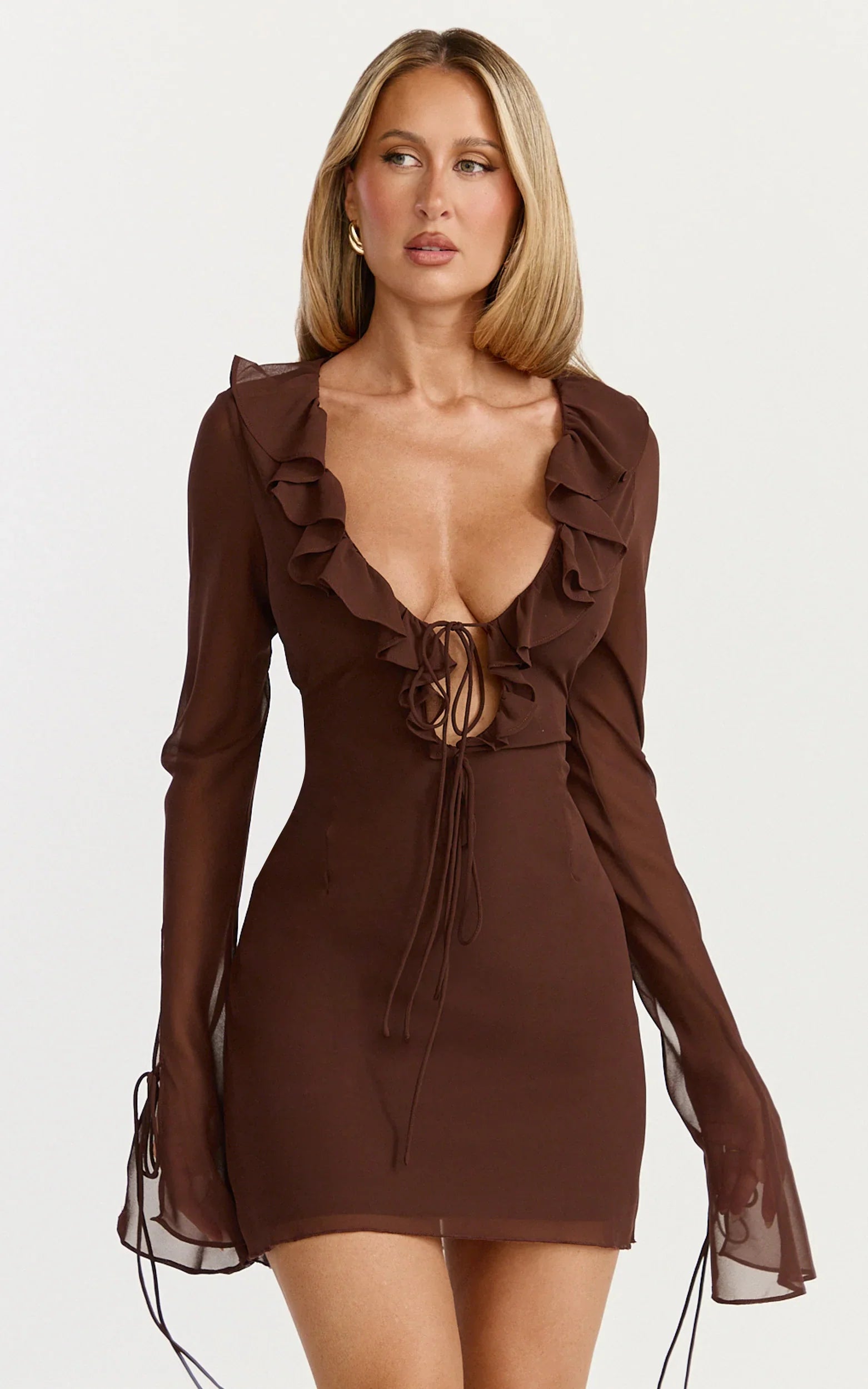 Alesya Mini Dress Ruffle Plunge Neck Long Sleeve Tie Detail Dress in Chocolate