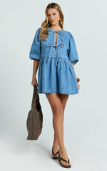 Shailene Mini Dress Tie Front Puff Sleeve Recycled Denim Dress in Mid Blue Wash