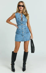 Stephanie Mini Dress Scoop Neck Pocket Detail Recycled Denim Dress in Light Blue Wash