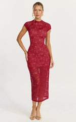 Emma Midi Dress Lace Cap Sleeve Bodycon Dress in Wine