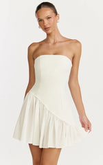 Calla Mini Dress Strapless Gathered Asymmetric Dropped Waist Dress in White