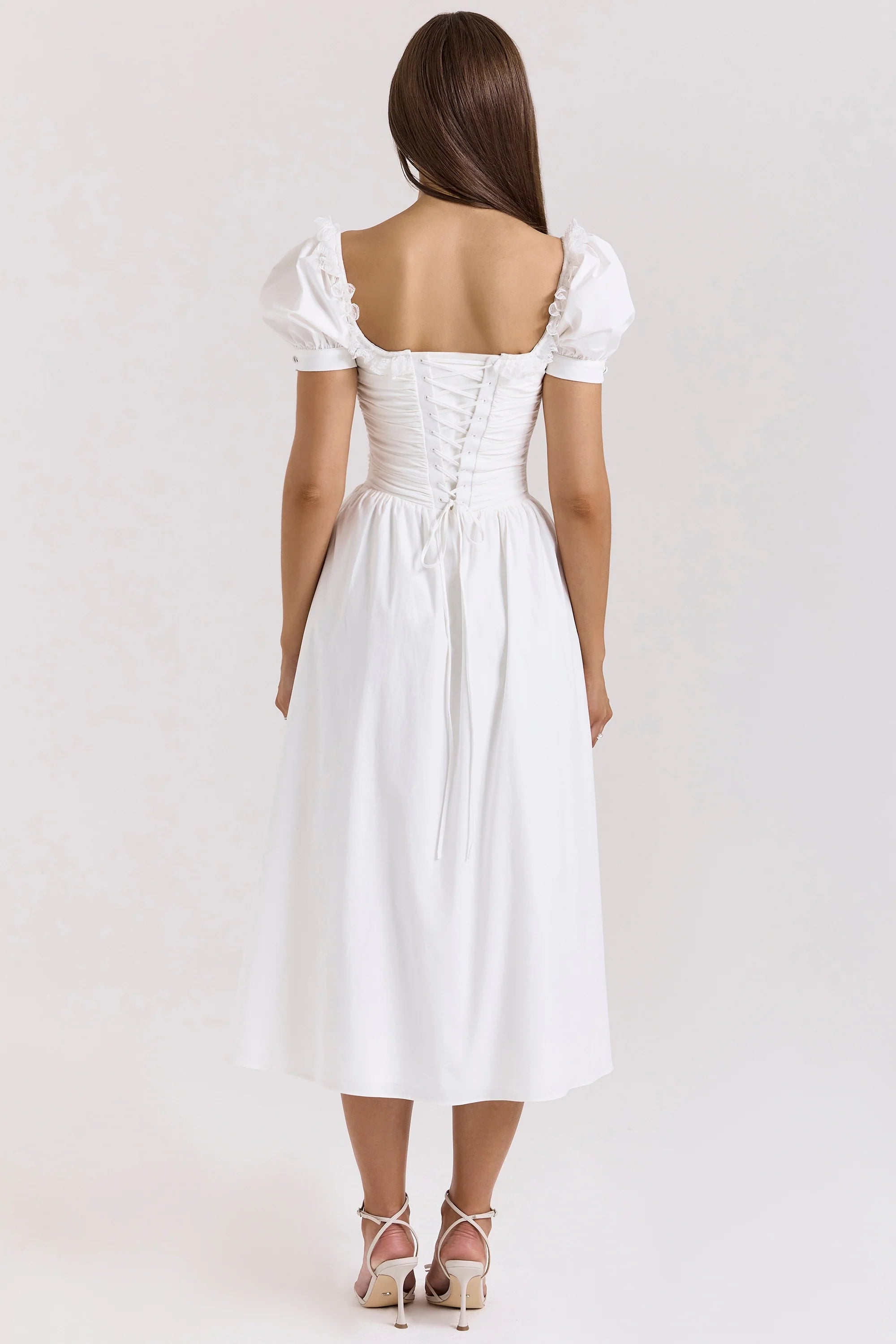 white stretch cotton puff sleeve midi dress