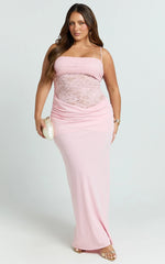 Rania Maxi Dress Contrast Lace Bodice Bias Cowl Drop Waist Dress in Pink