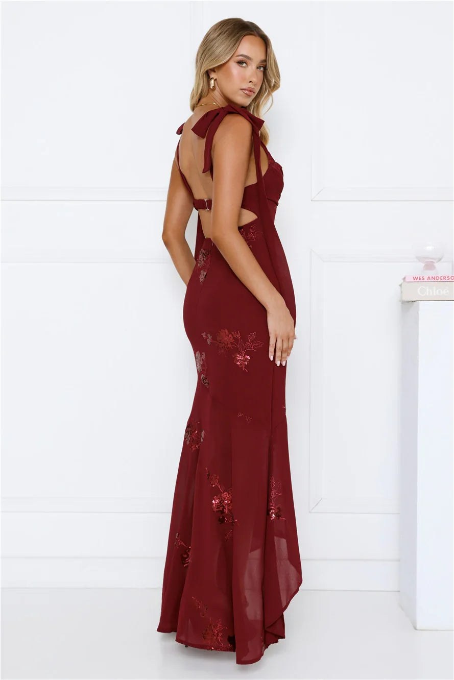 Flirty Sequin Embroidered High Low Maxi Dress Maroon
