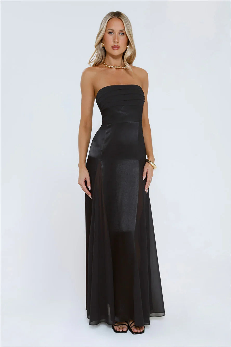 Statement Shine Strapless Satin Maxi Dress Black