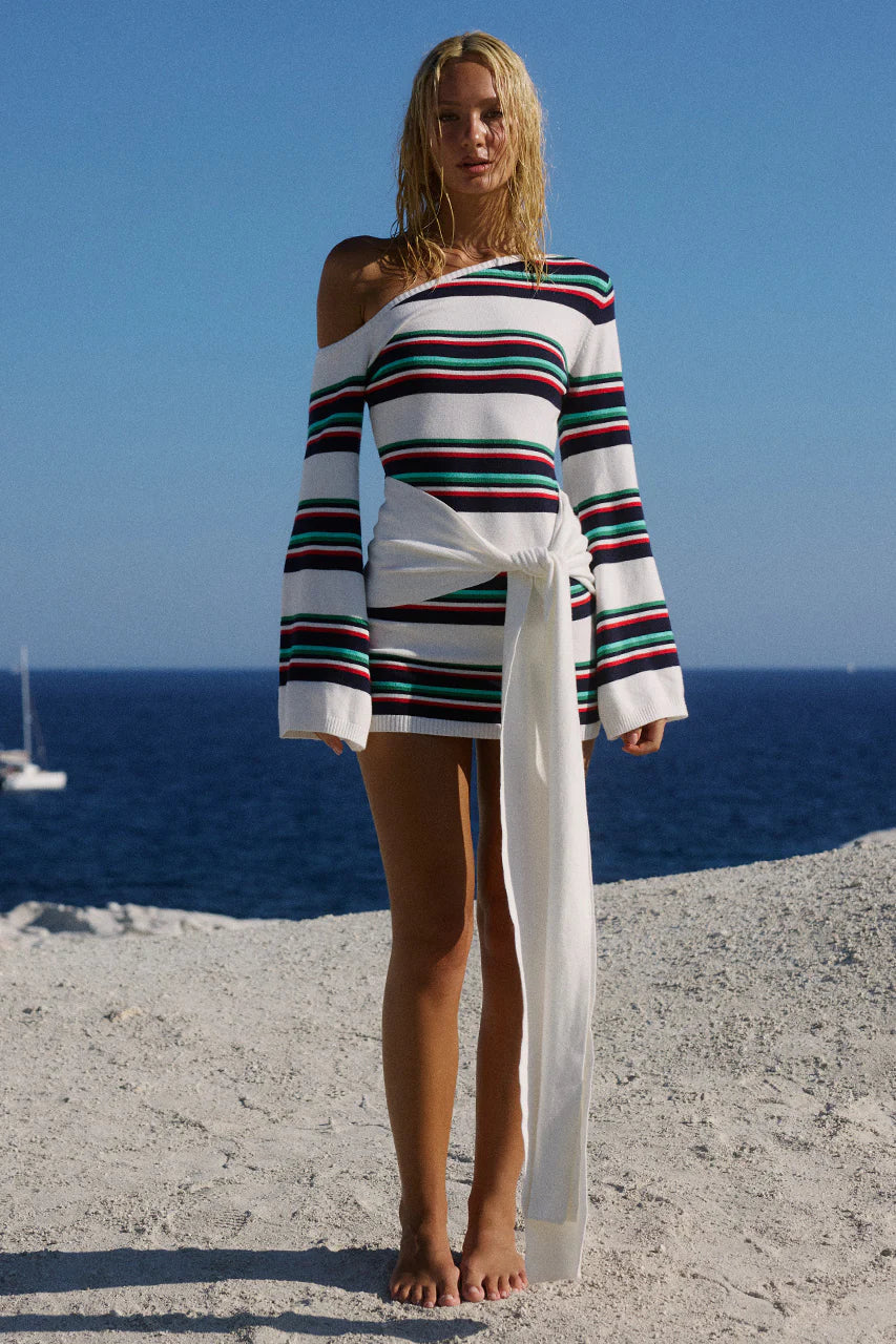 EMRYN ONE SHOULDER KNIT MINI DRESS MULTI STRIPE