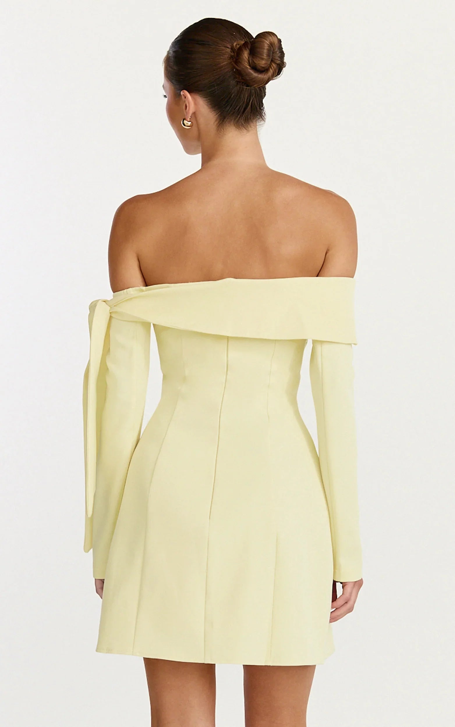 Eljay Mini Dress Long Sleeve Off Shoulder Knot Detail Dress in Lemon