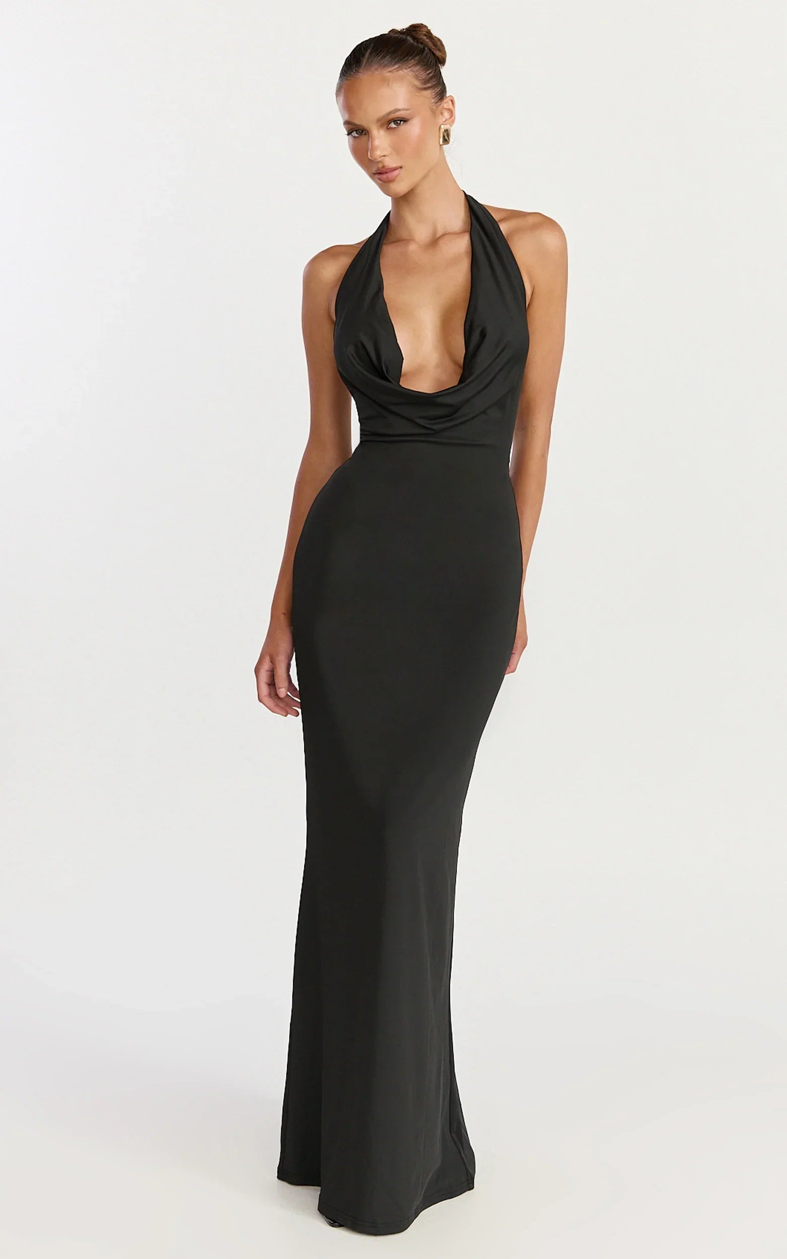 Sylvana Maxi Dress Cowl Halter Neck Bodycon Dress in Black
