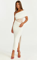 Juliet Midi Dress One Shoulder Lace Contrast Bodycon Dress in Ivory