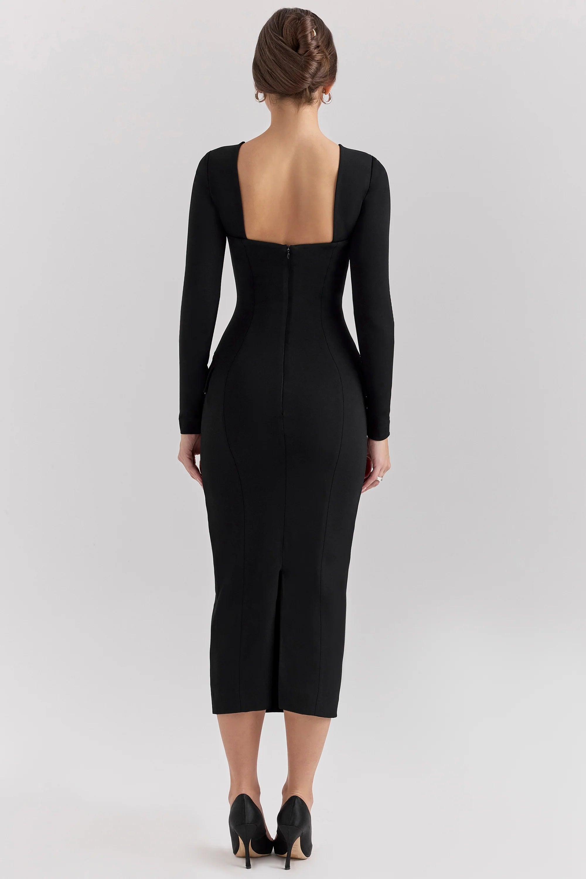 black stretch crepe long sleeve midi dress