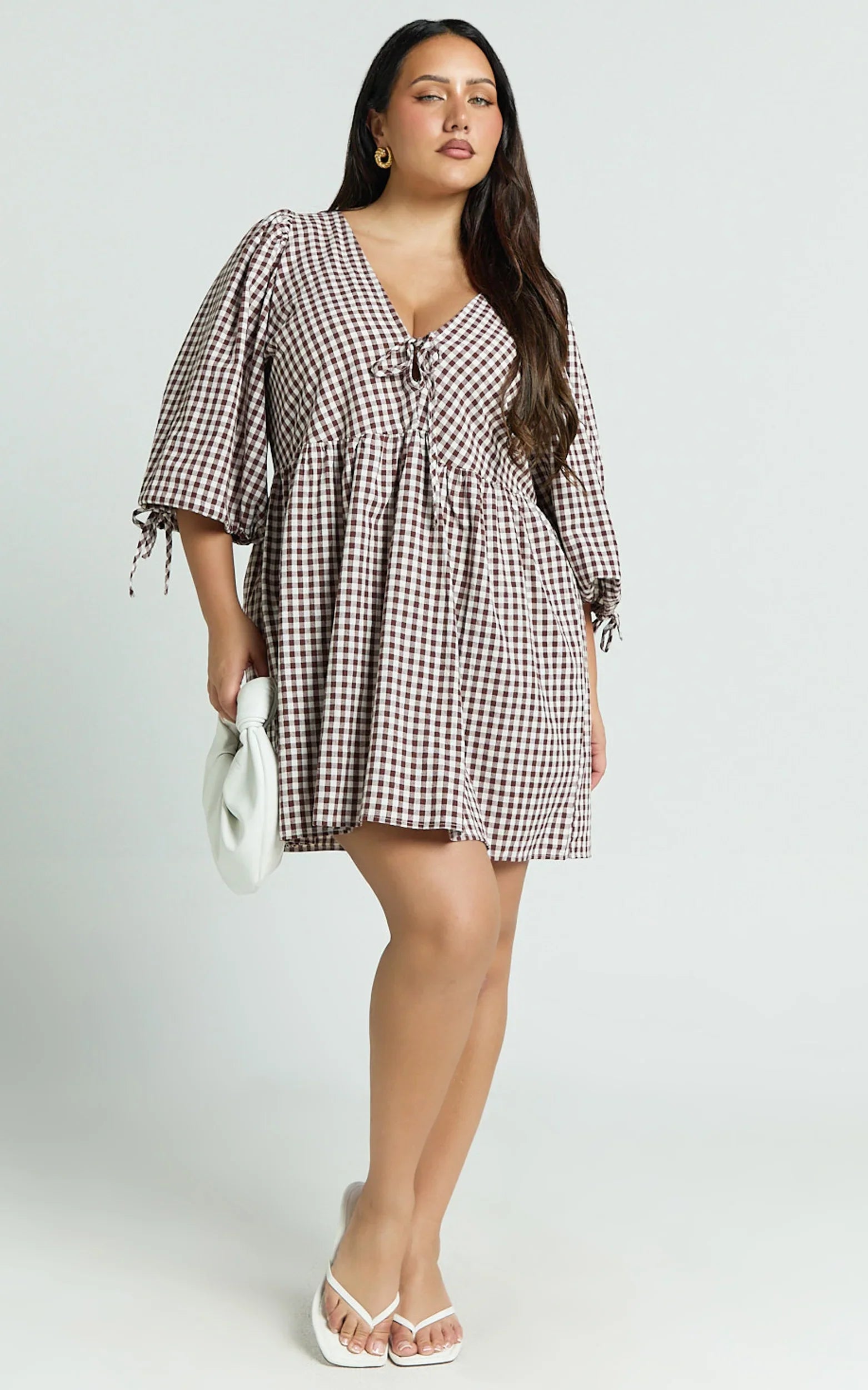 Rosita Mini Dress Tie Front Puff Sleeve Dress in Brown and White Check