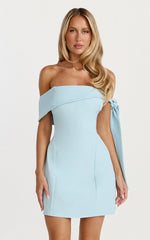 Cecilia Mini Dress Off Shoulder Tie Detail Dress in Pale Blue