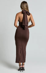 Olenna Midi Dress Halter Neck Twist Detail Tie Back Dress in Chocolate