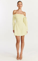 Eljay Mini Dress Long Sleeve Off Shoulder Knot Detail Dress in Lemon