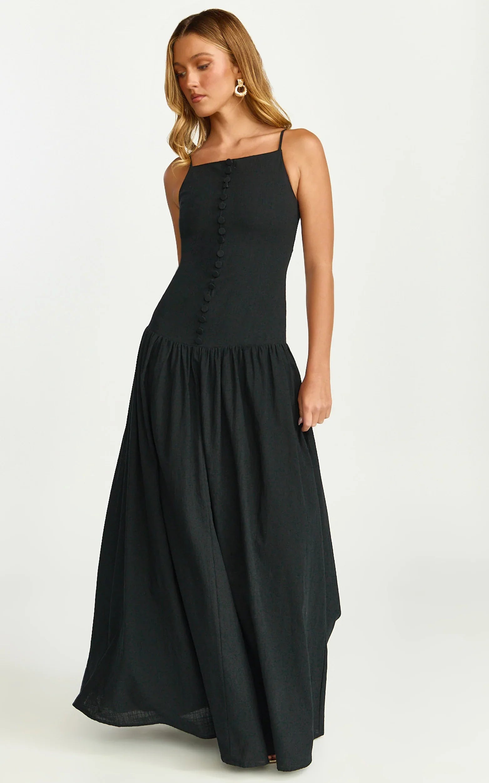 Cortez Maxi Dress Square Neck Button Down Dropped Waist Dress in Black