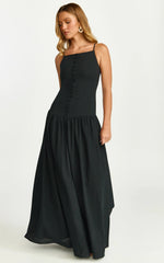 Cortez Maxi Dress Square Neck Button Down Dropped Waist Dress in Black