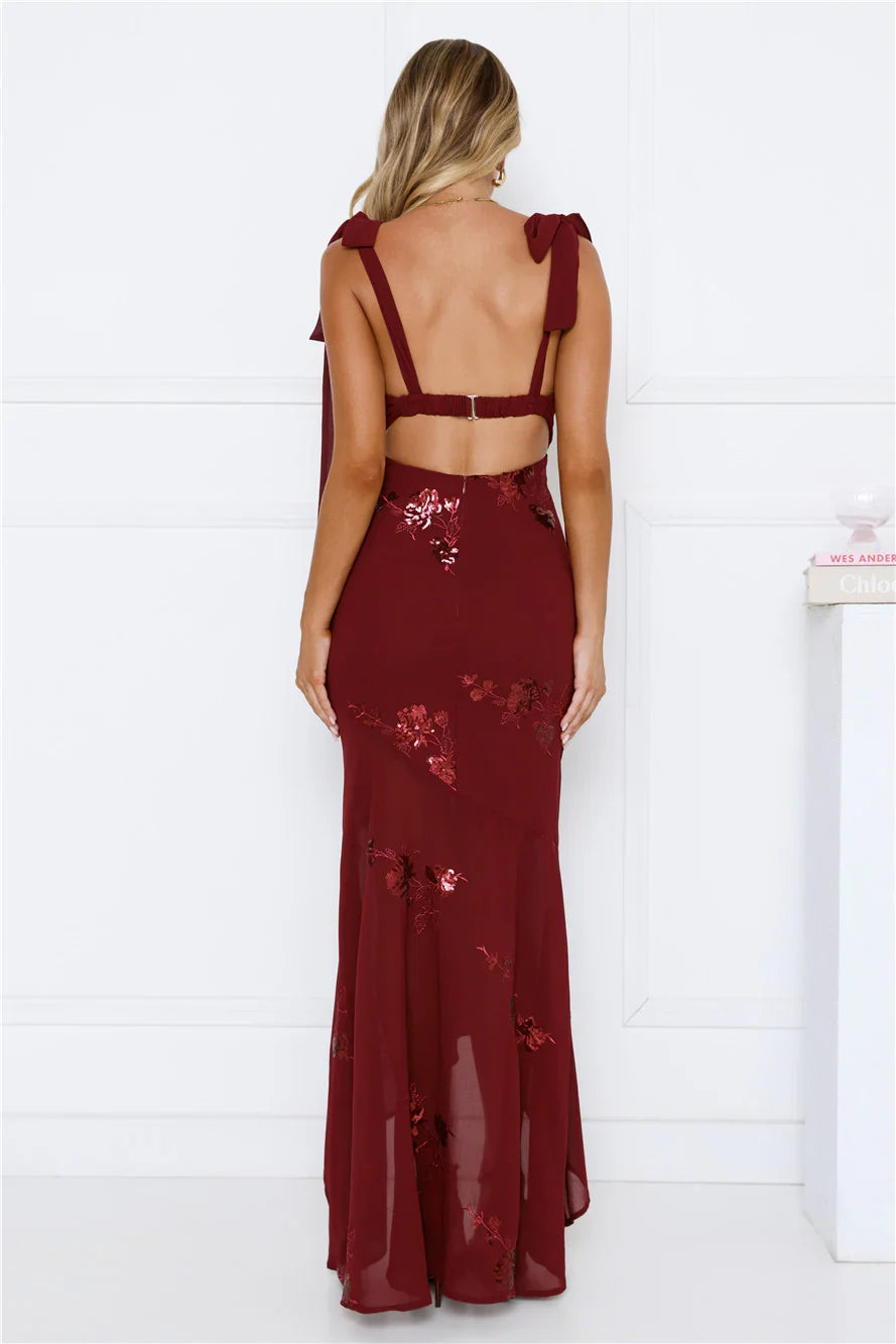 Flirty Sequin Embroidered High Low Maxi Dress Maroon