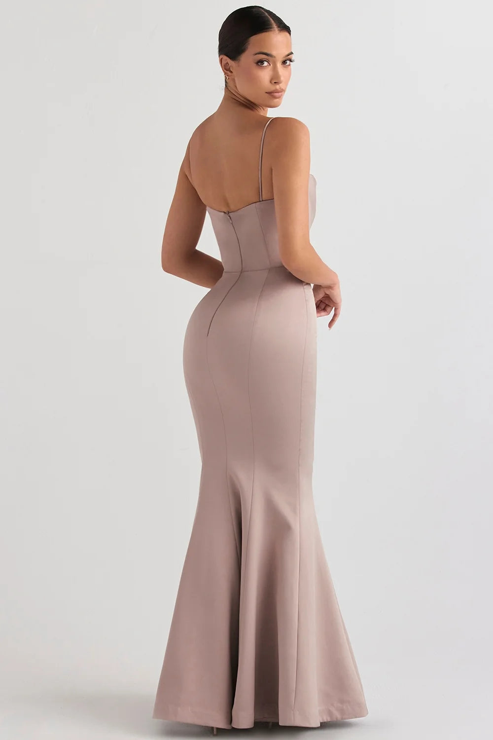 mushroom satin fishtail gown