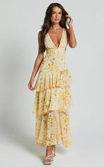 Beryl Midi Dress Deep V Neck Sleeveless Layered Dress in Yellow Floral