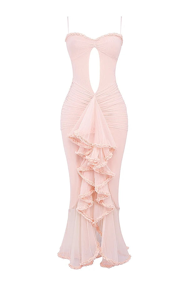 soft peach ruffled front gown