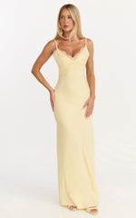 Kyra Maxi Dress Lace Bust And Tie Back Satin Dress in Lemon