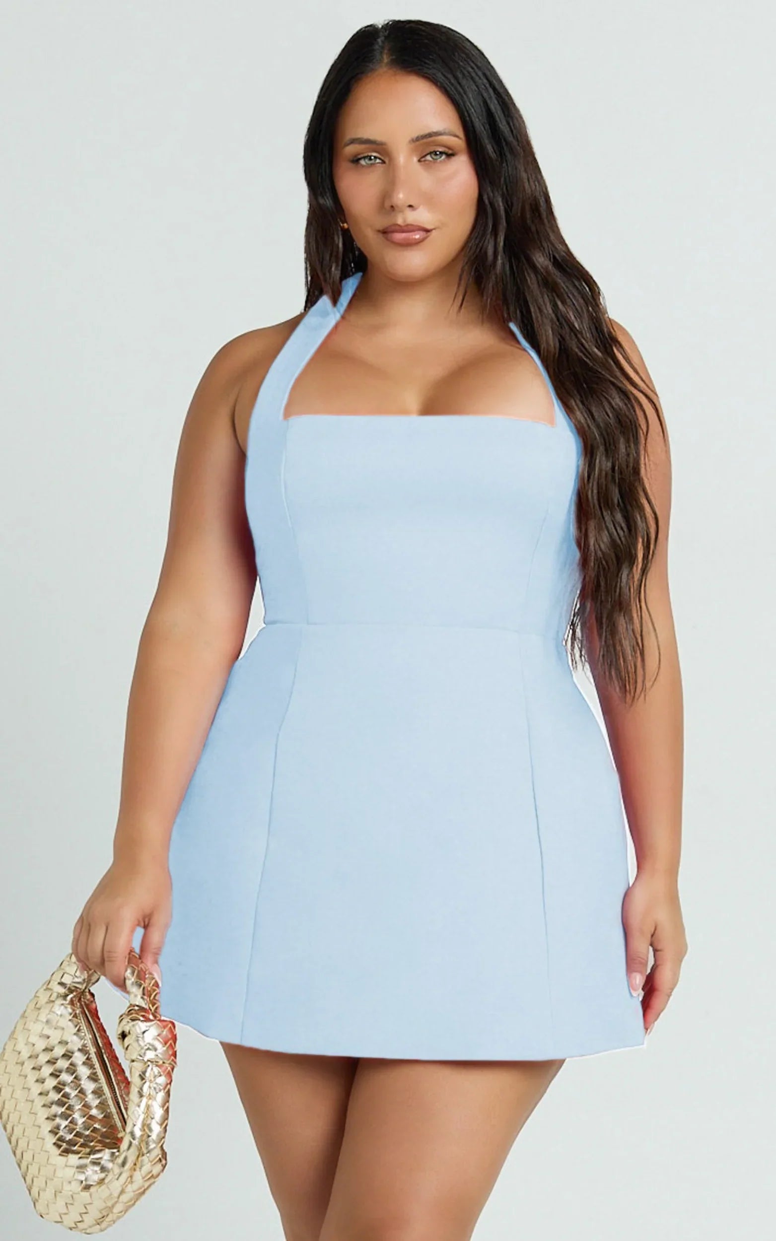 Dante Mini Dress Halter Neck Tie Tulip Skirt Dress in Soft Blue