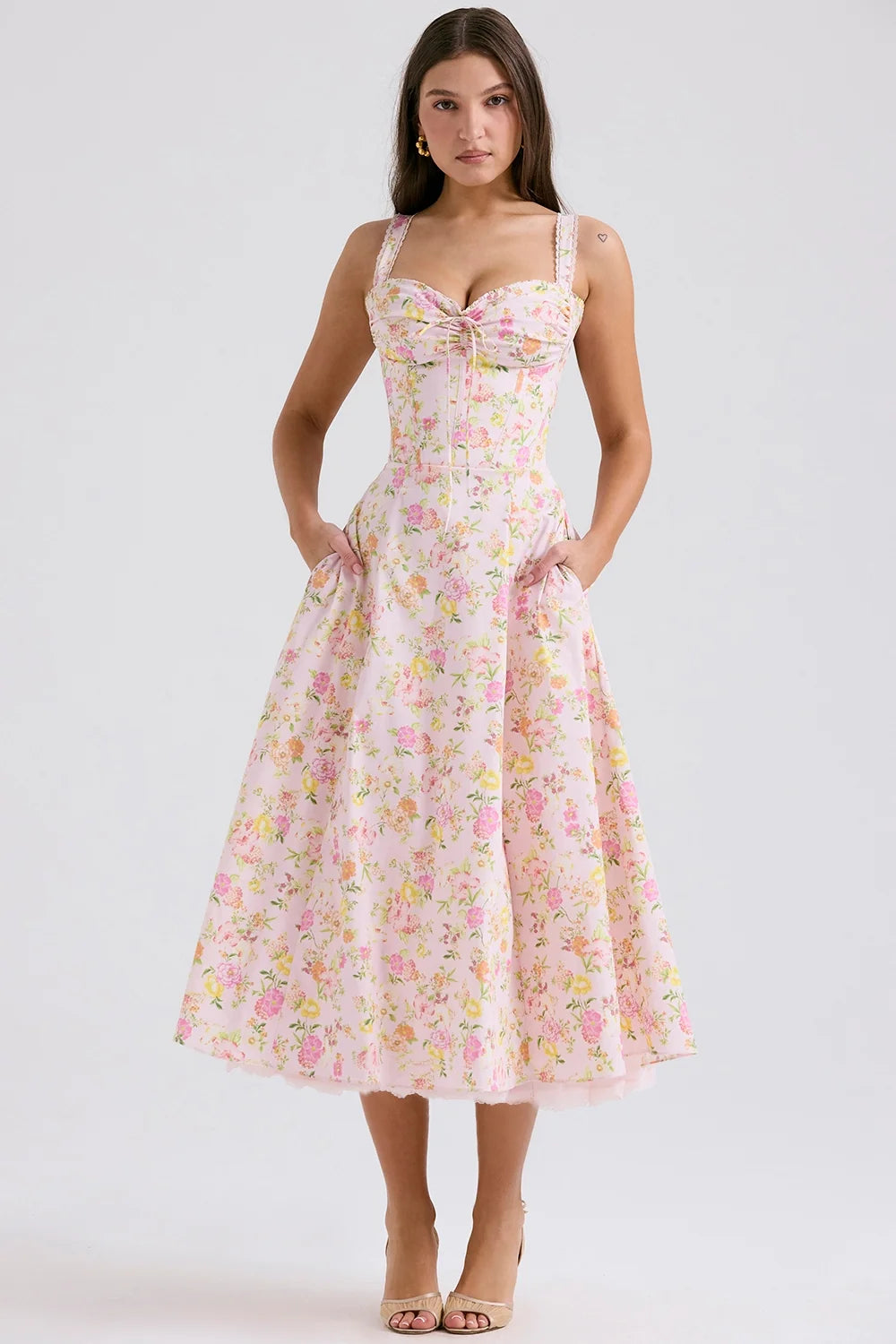 pink meadow print cotton bustier sundress