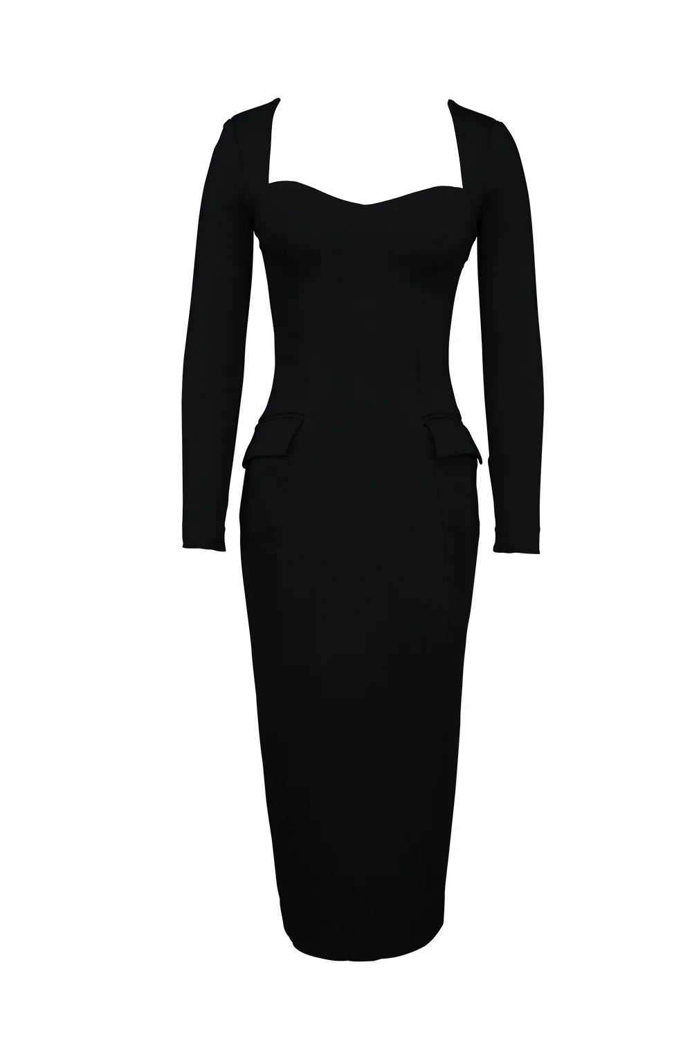 black stretch crepe long sleeve midi dress