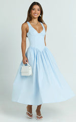 Beckett Midi Dress Scoop Neck Drop V Waist Gathered Skirt Dress in Blue
