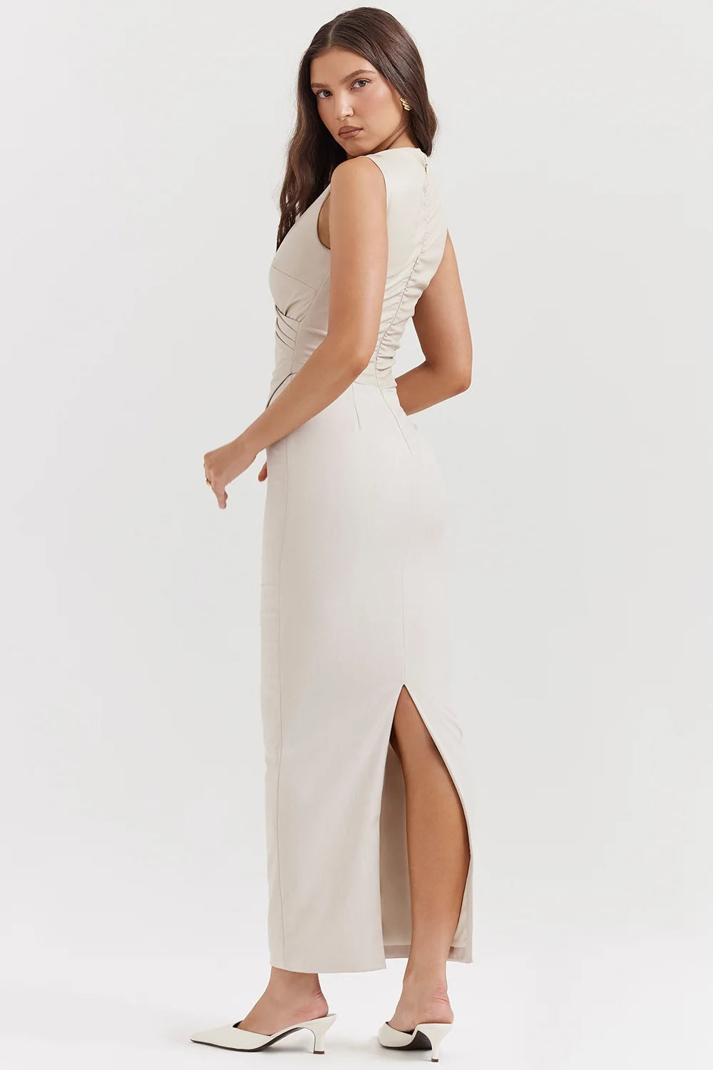 ecru vegan leather maxi dress