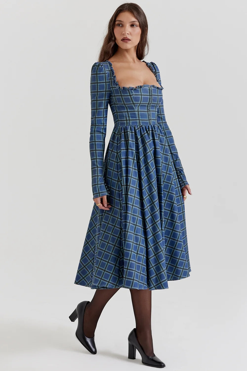 blue tartan midi dress