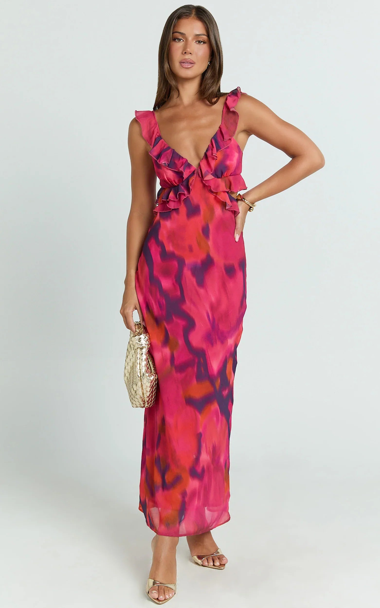 Alessa Maxi Dress V Neck Frill Detail Empire Waist Back Cut Out Dress in Adeana Print