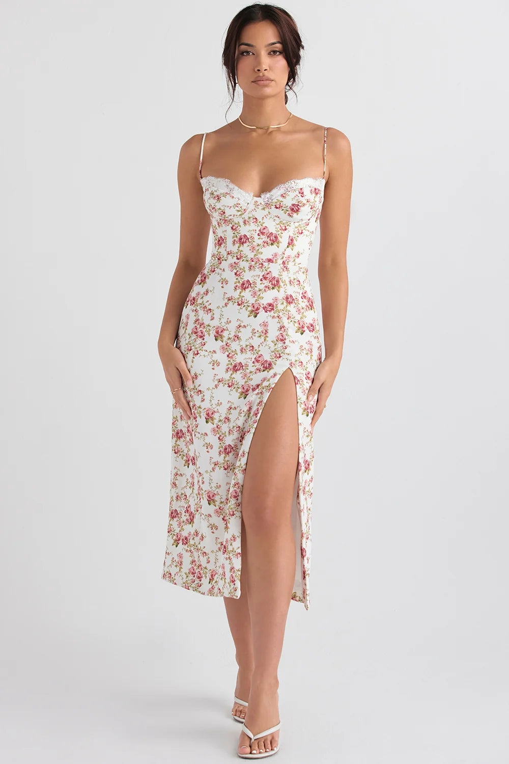 rose print corset midi sundress
