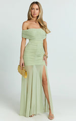 Alanna Maxi Dress Off Shoulder Ruched Mesh Dress in Sage
