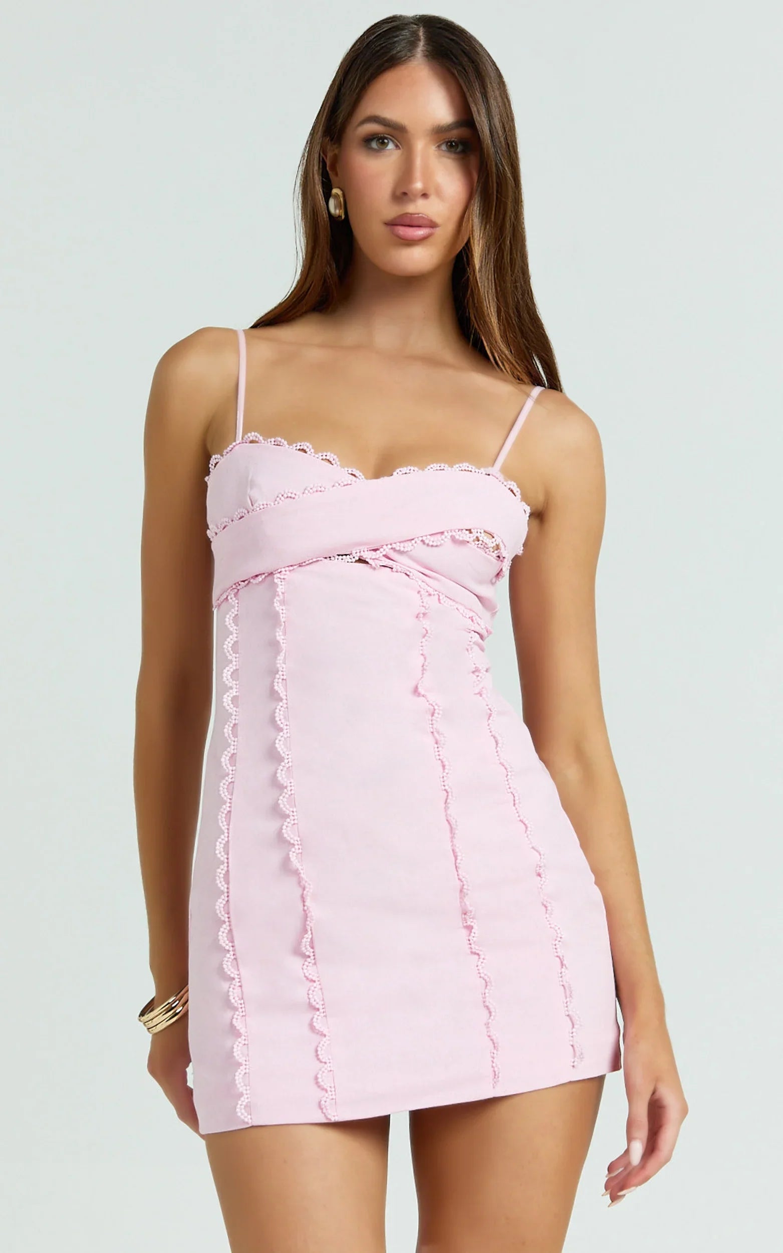 Gigi Mini Linen Blend Dress Sweetheart Tie Back Scallop Detail Dress in Pink