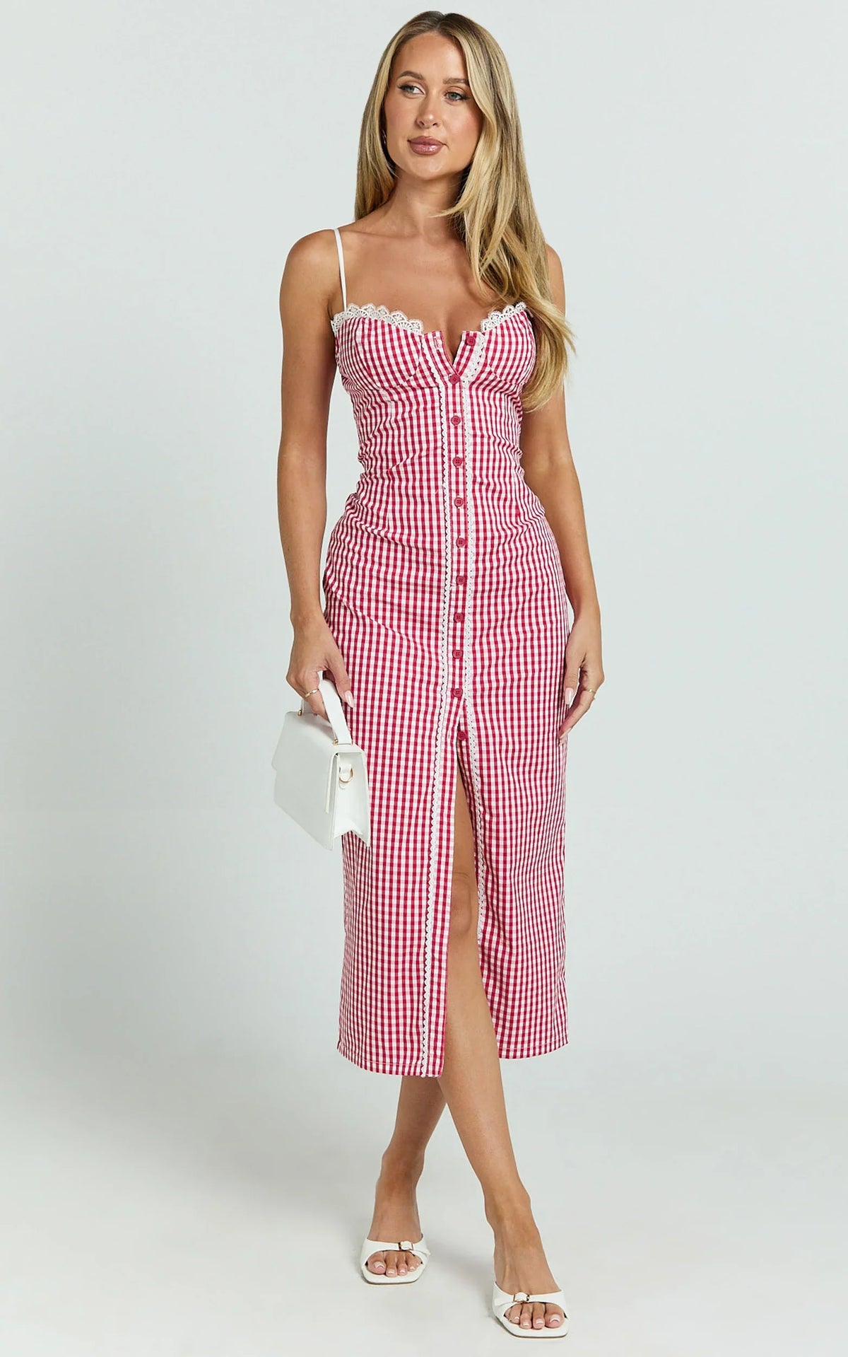 Anessa Midi Dress Button Front Bustier Fitted Dress in Red Gingham