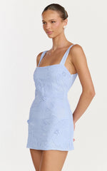 Sienna Mini Dress Square Neck Floral Embroidered A Line Dress in Blue
