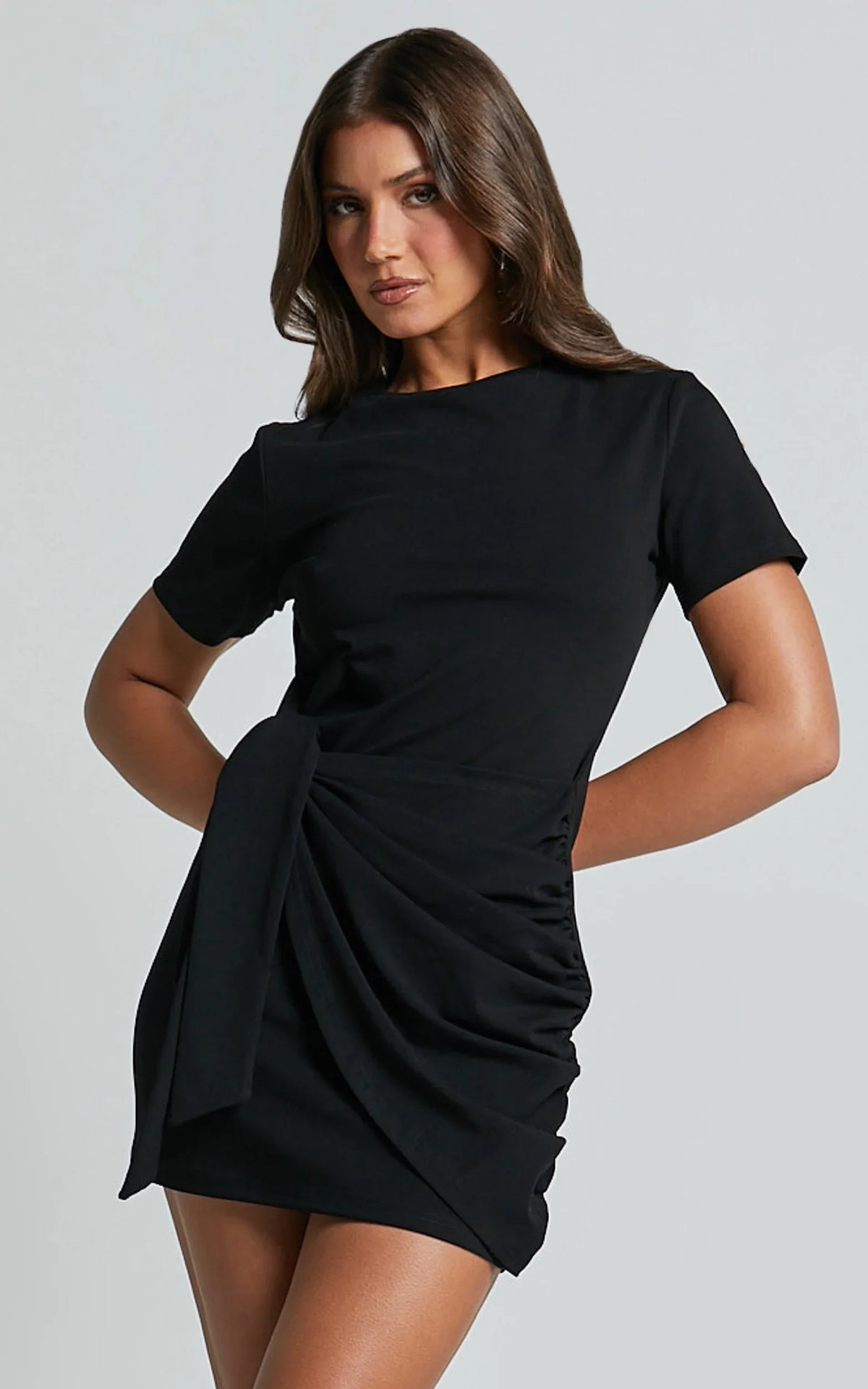 Candace Mini Dress Faux Wrap Shift Dress in Black