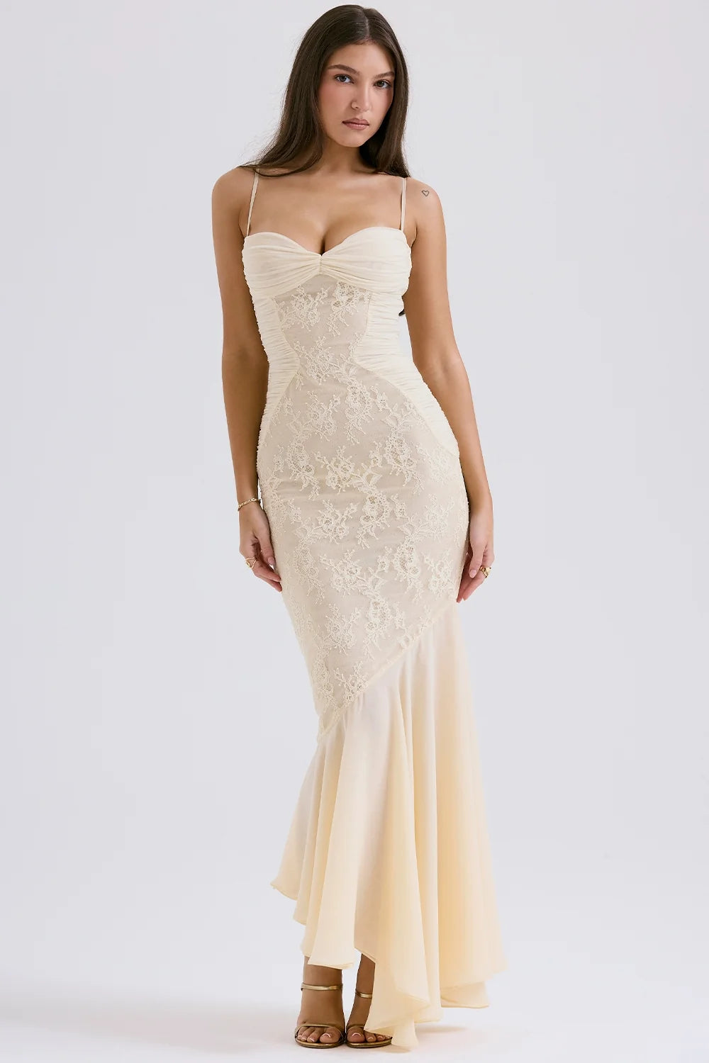 vanilla chiffon lace gown
