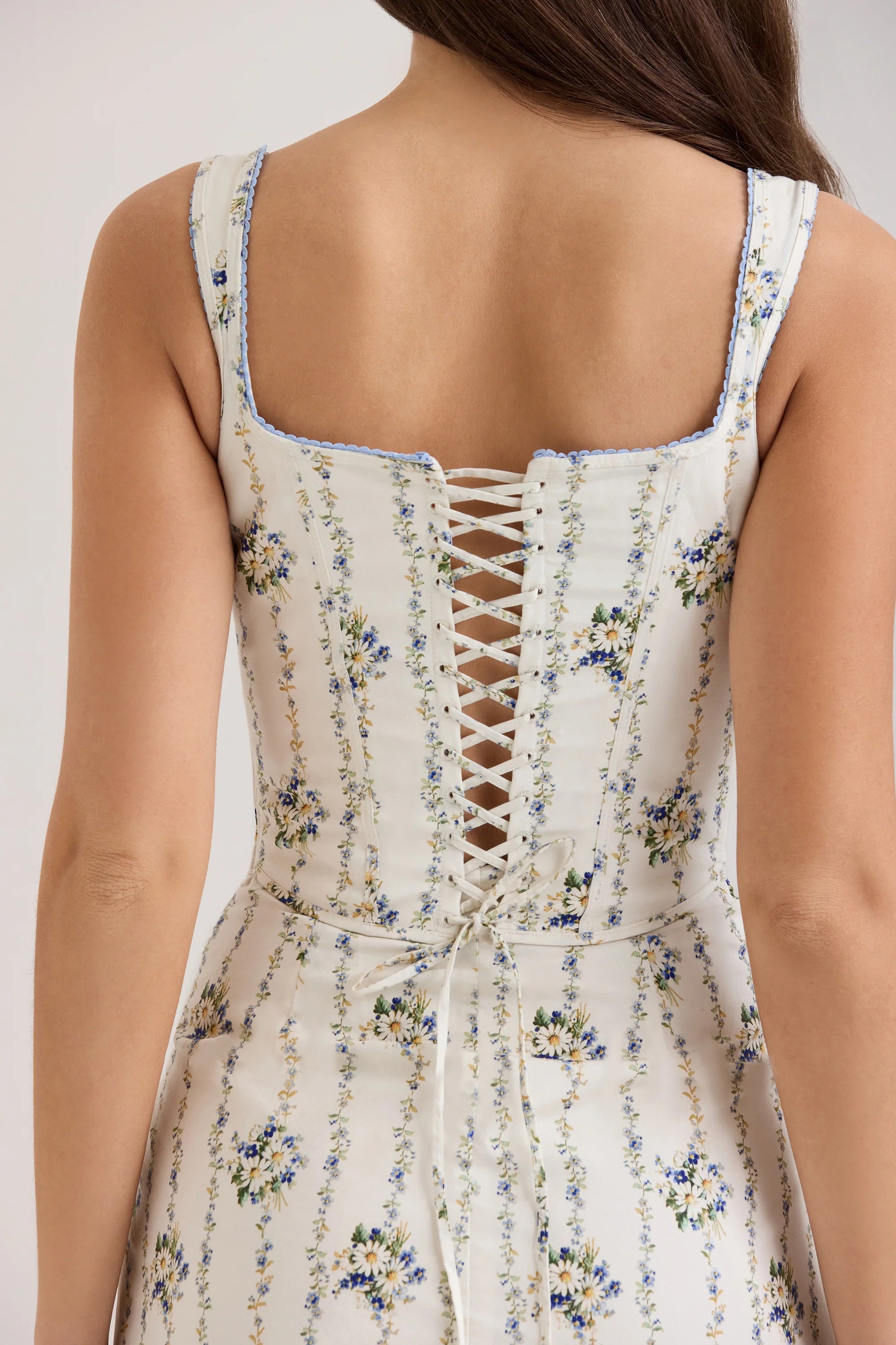cream daisy print stretch cotton midi dress