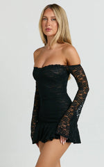 Frieda Mini Dress Off Shoulder Flared Long Sleeve Stretch Lace Dress in Black