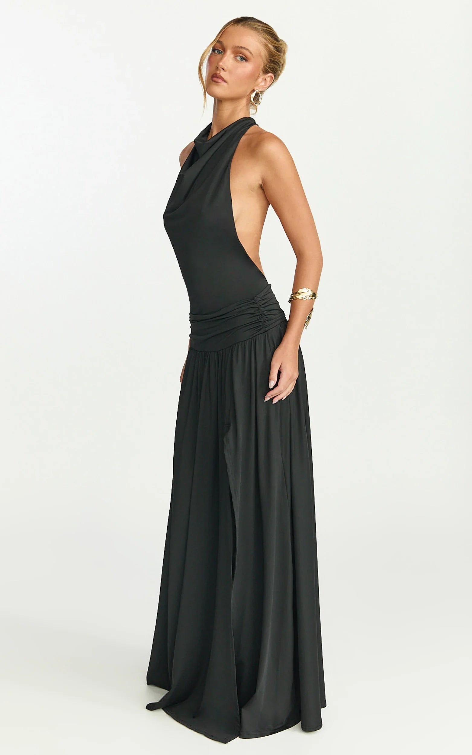 Sophia Maxi Dress Backless High Cowl Neck Jersey Dress in Black