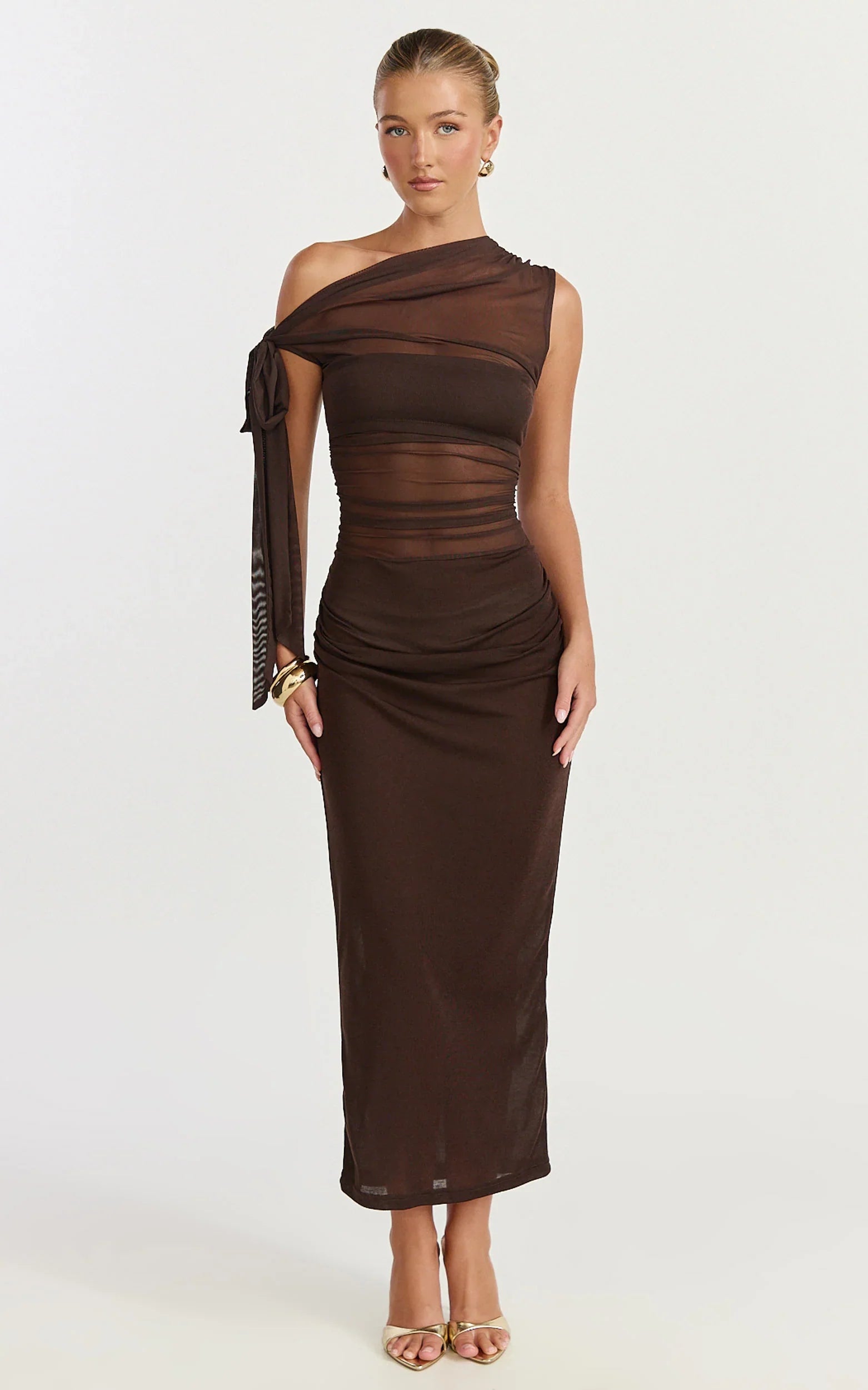 Astrid Midi Dress Asymmetrical Off Shoulder Tie Detail Dress in Chocolate
