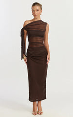 Astrid Midi Dress Asymmetrical Off Shoulder Tie Detail Dress in Chocolate