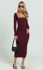 Lucy Midi Dress Ribbed Side Ruched Bodycon Dress in Wine